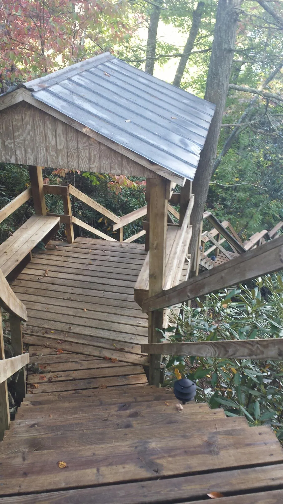 Metal roofed shelter over wooden steps on a wooded walkway — Skylight Repair & Installation work by our crew in Drifton